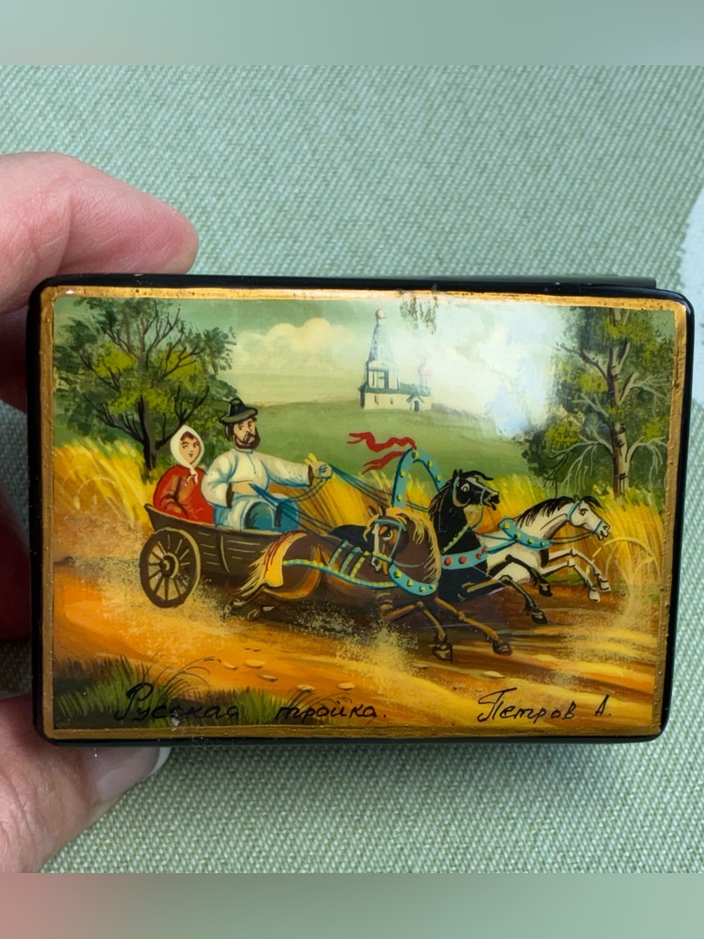 Vintage Hand-Painted Russian Lacquer Trinket Box – Troika Scene – Signed